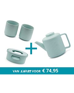 Theepot Skagen met theewarmer en 2 kopjes, lichtblauw