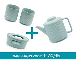 Theepot Skagen met theewarmer en 2 kopjes, lichtblauw